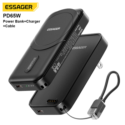 ESSAGER 65W Type C Gan PD PPS Fast Charger With 5000Mah Wireless Power Bank And 20W Usb C Cable