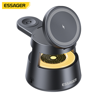 ESSAGER OJD-132 Foldable 4 In 1 15W Magnetic Wireless Charger Stand Station With Led Light For Watch Earphone Phone