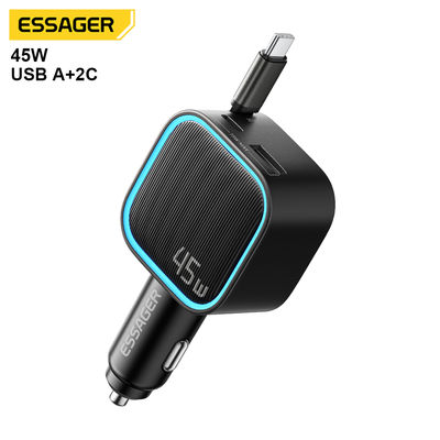 ESSAGER 45W USB Car Charger with Retractable Cable and Multi-port Charging for Universal 12-24V Vehicles